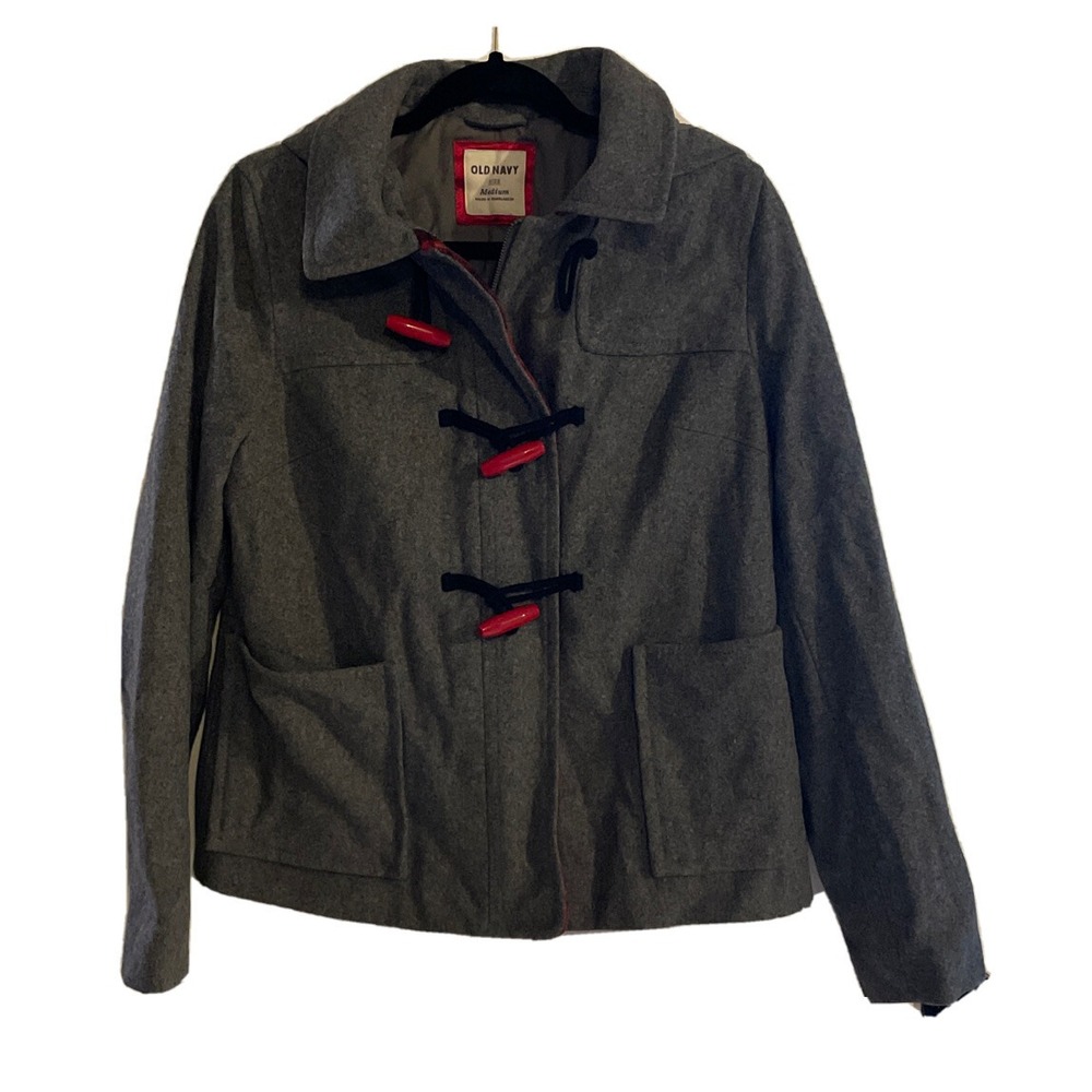 Old Navy Womens Medium Duffle Coat Grey Red Toggle Hooded Wool Blend Plaid Lined